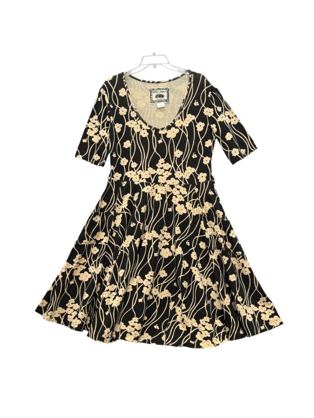 Effie's Heart Peony Dress XL Black Beige Fit & Flare Floral Knit Jersey Pockets